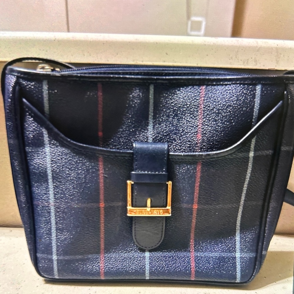 Burberry Navy Blue Plaid Crossbody Bag with Gold Hardware